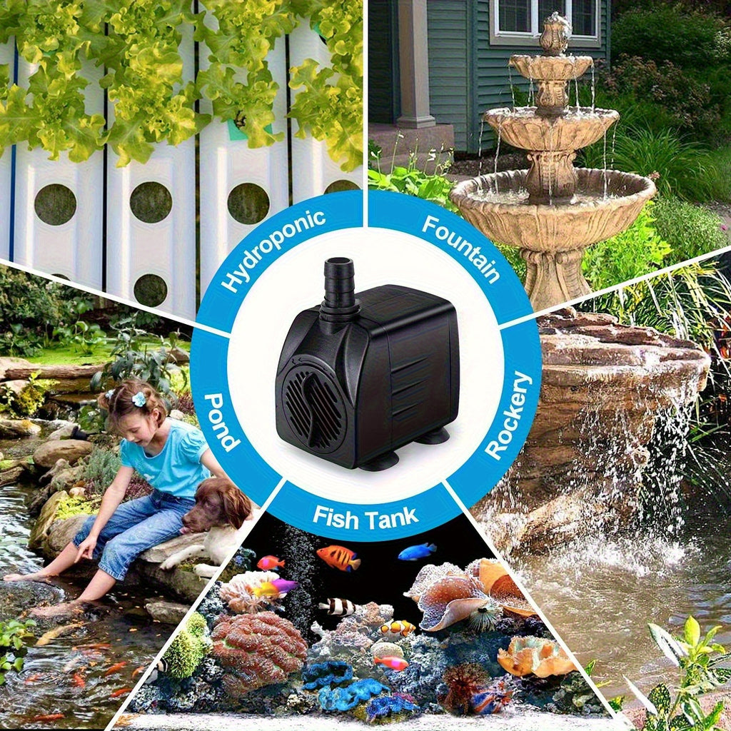 Submersible Aquarium Pump 10W with Adjustable Water Flow, Two Nozzles and Suction Feet, Compact Black Water Pump for Fish Tanks and Fountains