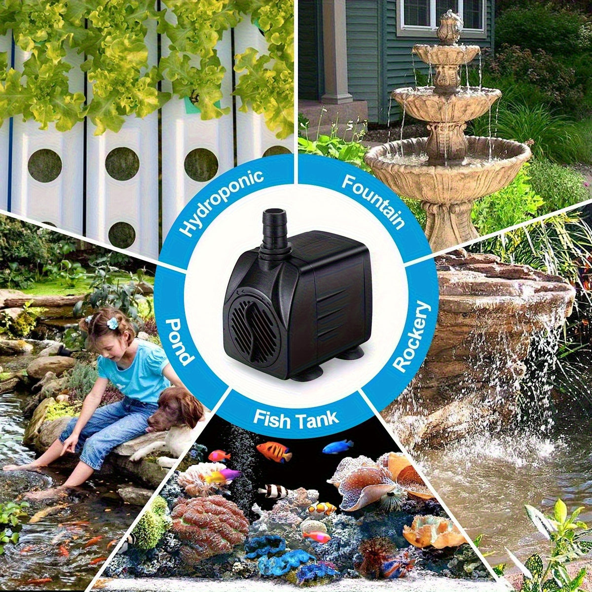 Submersible Aquarium Pump 10W with Adjustable Water Flow, Two Nozzles and Suction Feet, Compact Black Water Pump for Fish Tanks and Fountains