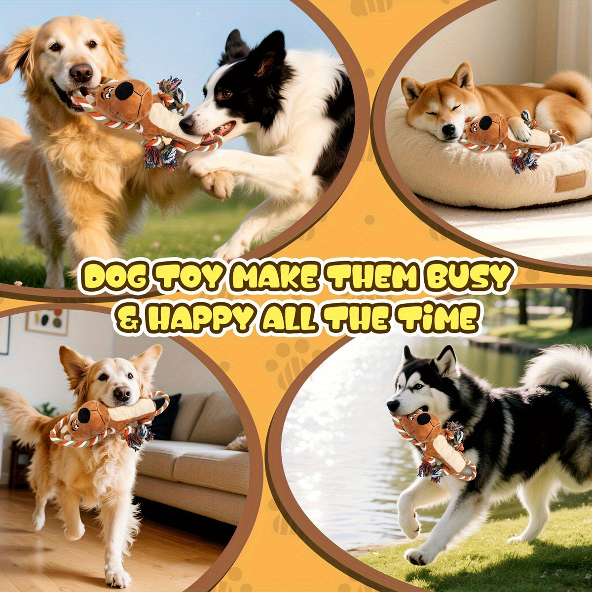 Squeaky Tug Dog Toy with Rope Loops and Plush Animal Body, Dog, Dinosaur or Lion Styles for Supervised Gentle Tug, Fetch and Indoor Play