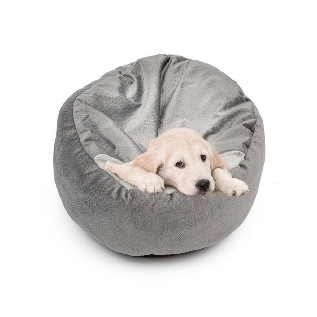 Donut Cave Dog Bed with Hooded Blanket, Fluffy Round Pet Nest with Raised Edges and Non-Slip Bottom for Indoor Dogs and Cats, Beige or Grey