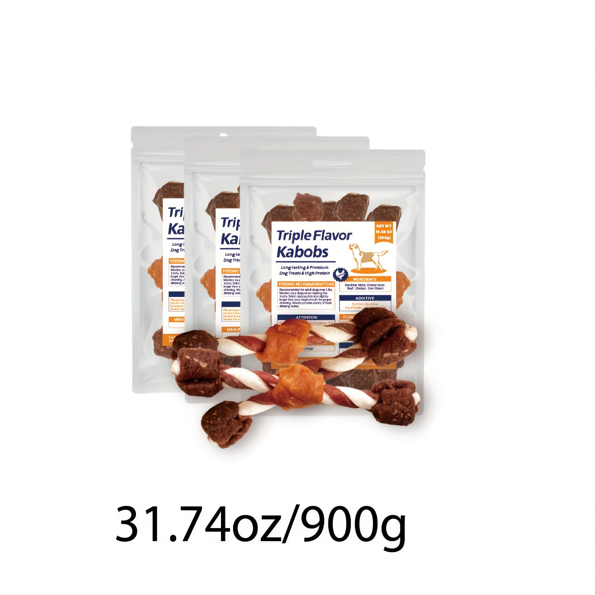 Dog Treat Kabobs with Rawhide, Beef, Chicken and Chicken Liver, Triple Flavor Chew Snacks for Supervised Treat Time in 100g to 900g Pack Options