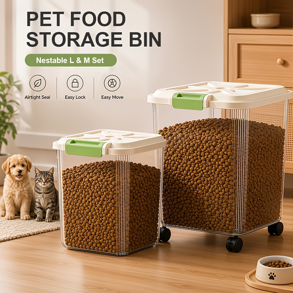 Dog Food Storage Container Set, 2-Piece Airtight Large and Medium Clear Plastic Bins with Rolling Wheels and Measuring Cup for Dry Cat and Dog Kibble