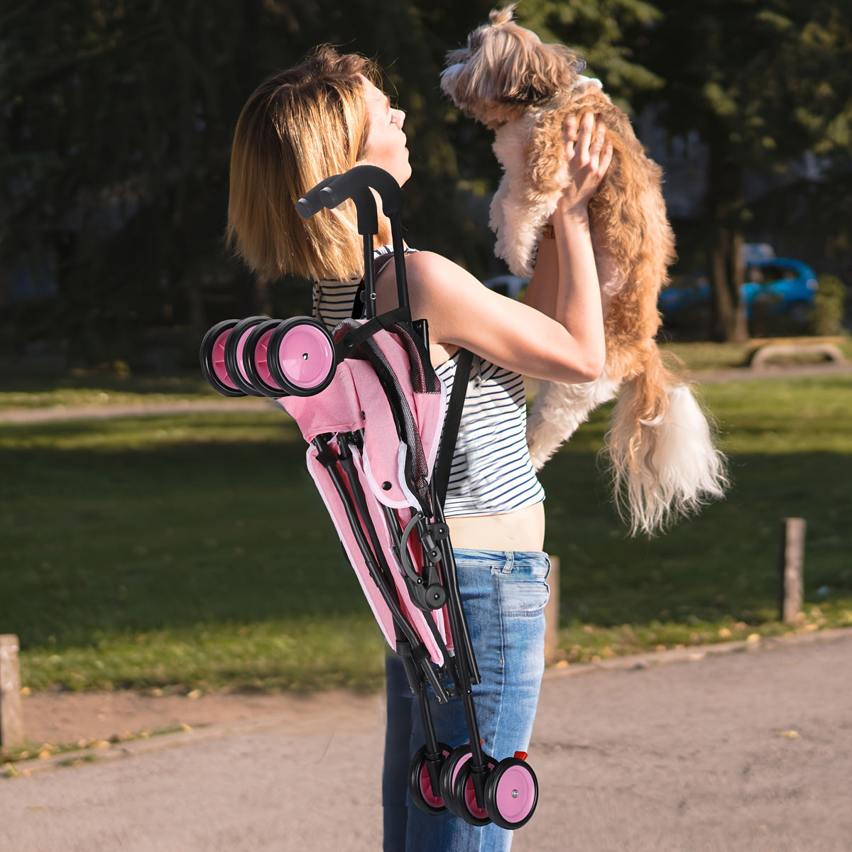 Lightweight Cat Stroller 8.95 lb with One-Touch Fold, Breathable Mesh, Adjustable Shoulder Strap and Safety Leash for Small Pet Travel and Daily Walks