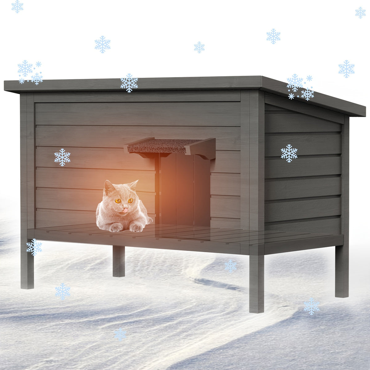 Wooden Outdoor Cat House with Six-Side Foam Insulation, Raised Floor and Feeding Station, 34.4 x 21.7 x 27.2 Inch Feral Cat Shelter in Grey or Coffee