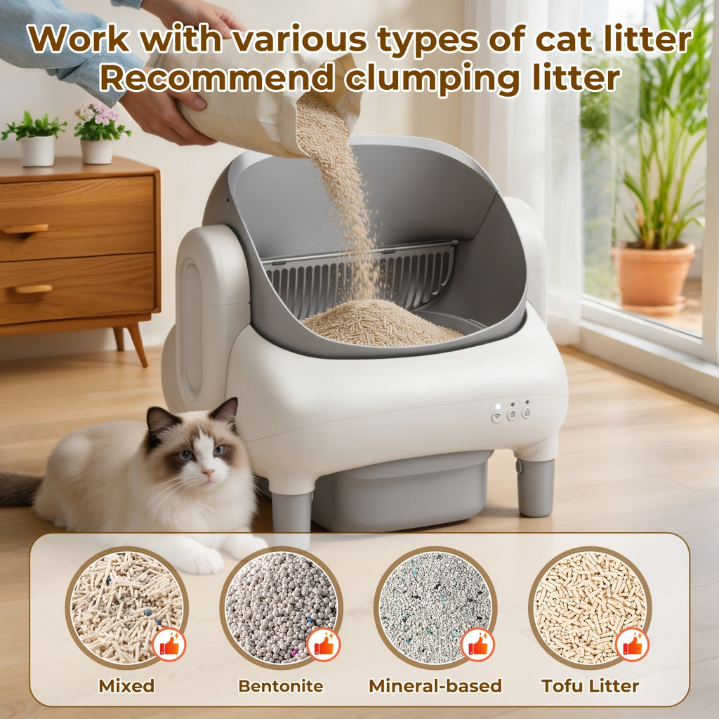 Self Cleaning Litter Box, ECORUI Certified Refurbished Open-Top Automatic Cat Toilet with App Control for Multiple Cats, Light Gray