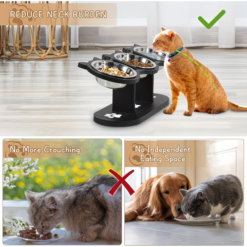 Adjustable Cat Bowl Stand with 3 Stainless Steel Bowls, 15 Degree Tilted Black Elevated Feeding Station with Cat-Ear Holders for Food and Water