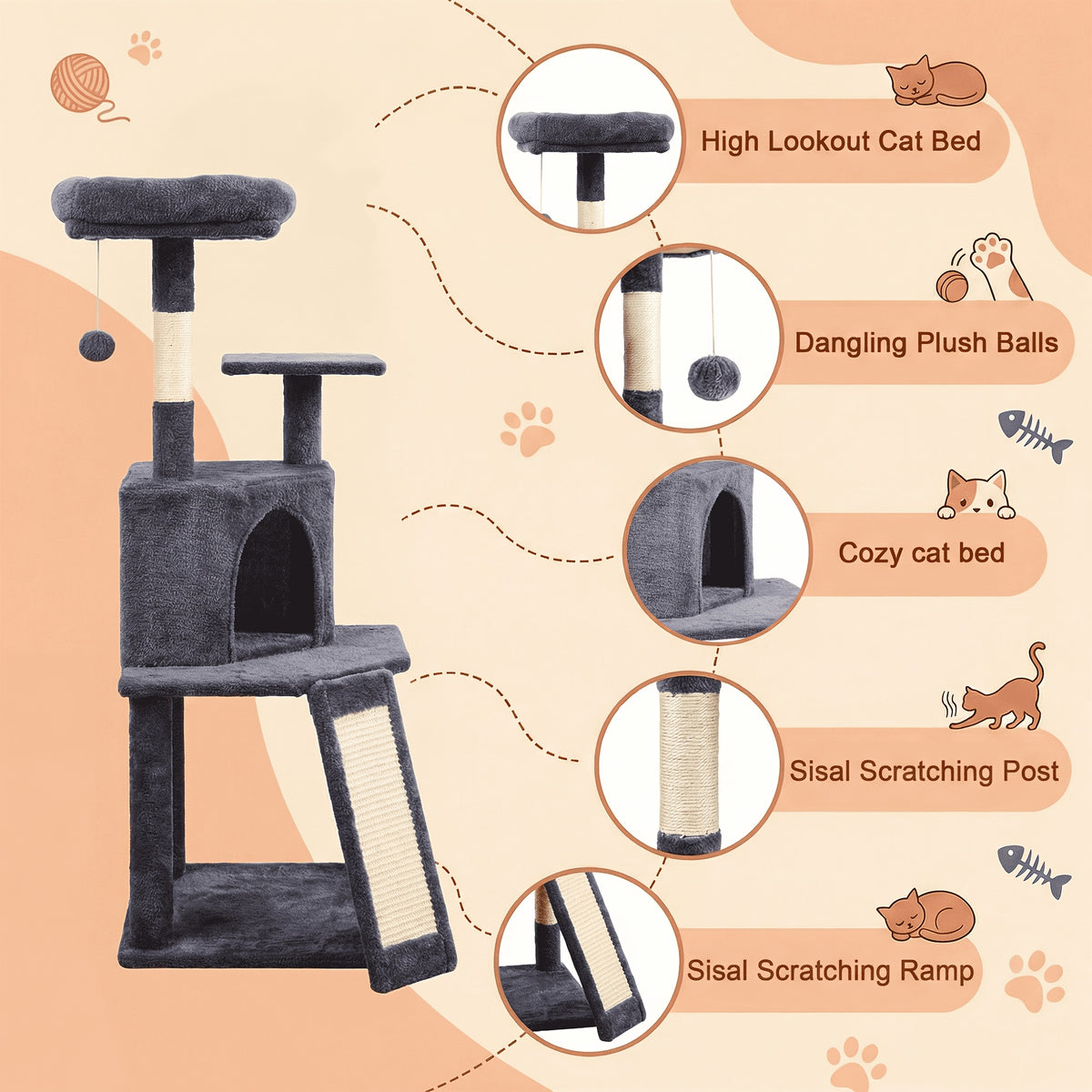 Multi-Level Cat Tree with Plush Resting Areas and Scratching Posts, Indoor Cat Tower in Three Colors with Separate Replacement Column Options