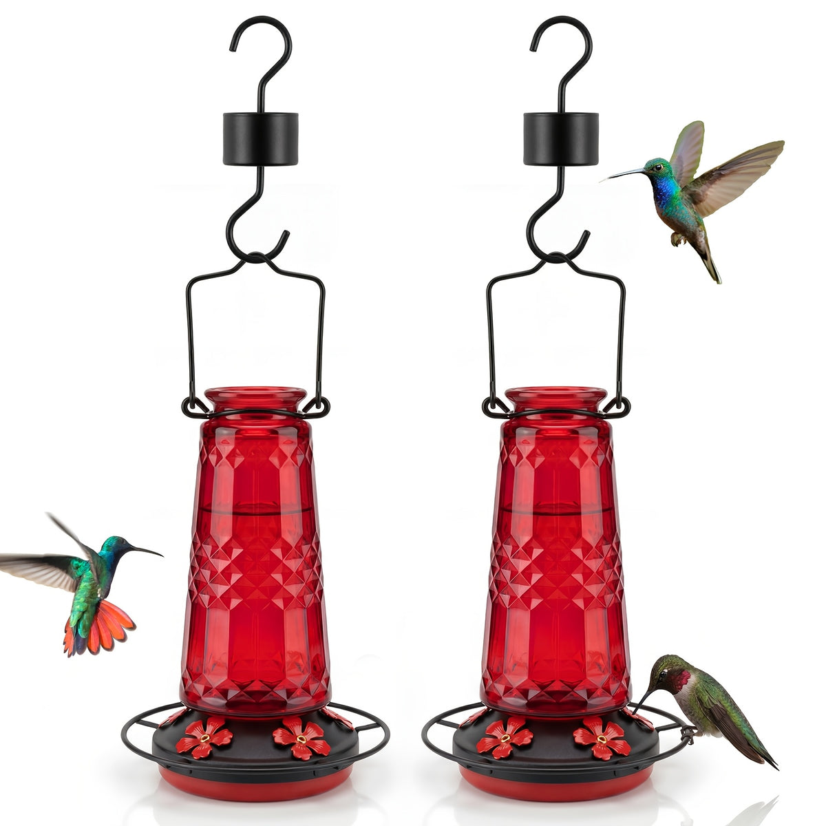 Glass Hummingbird Feeder 24oz by Kingsyard, Outdoor Hanging Nectar Feeder with 6 Feeding Ports and Ant Moat, Four Colors in Single or Two-Pack Options