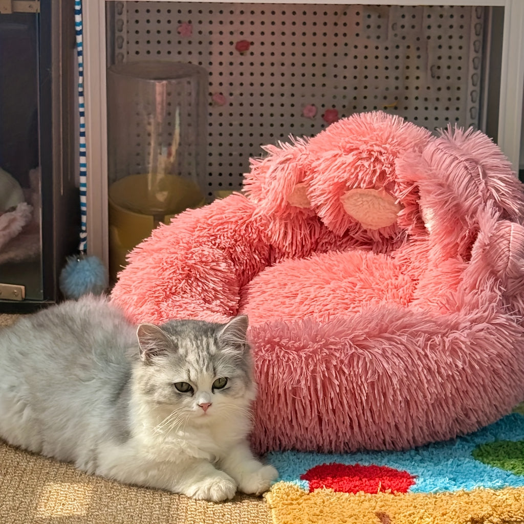 Dog Bed with Bear Paw Bolsters, Thick Plush Cat Sleeping Cushion with Non-Slip Bottom, Pink Grey or Coffee in 60cm, 70cm and 100cm Sizes
