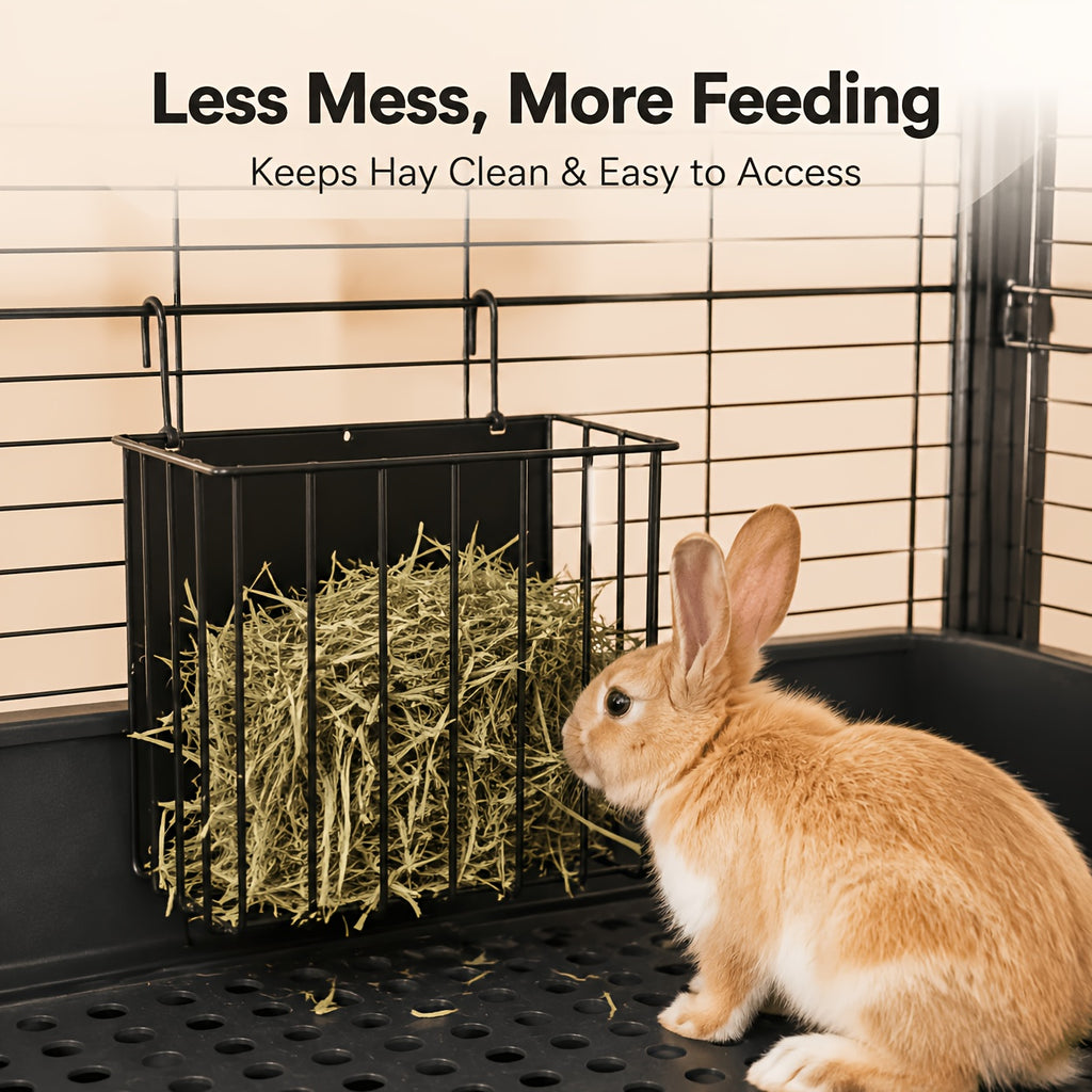 Rabbit Hay Feeder with Hanging Metal Rack, Black Powder-Coated No-Drill Cage Organizer for Guinea Pigs and Chinchillas, Space-Saving Hay Basket