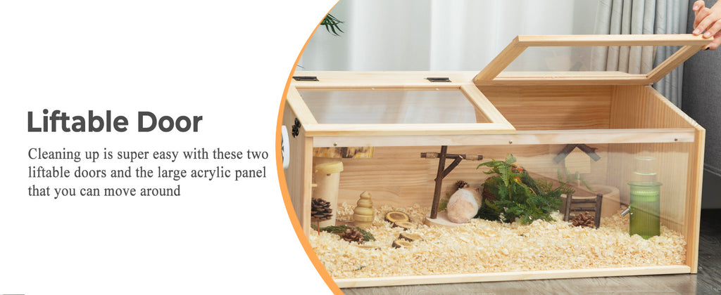 Hamster Habitat Wooden Cage with Clear Acrylic Front, Openable Top and Side Locks, 31.5-Inch Small Pet Enclosure in Natural or Burlywood