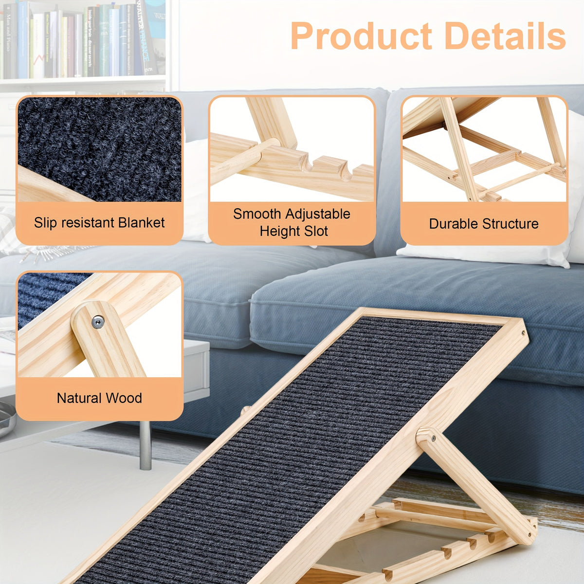 Portable Dog Ramp 42 Inch, Wooden Pet Access Ramp for Dogs and Cats to Reach Suitable Cars, Beds and Couches, Rated Up to 200 Pounds