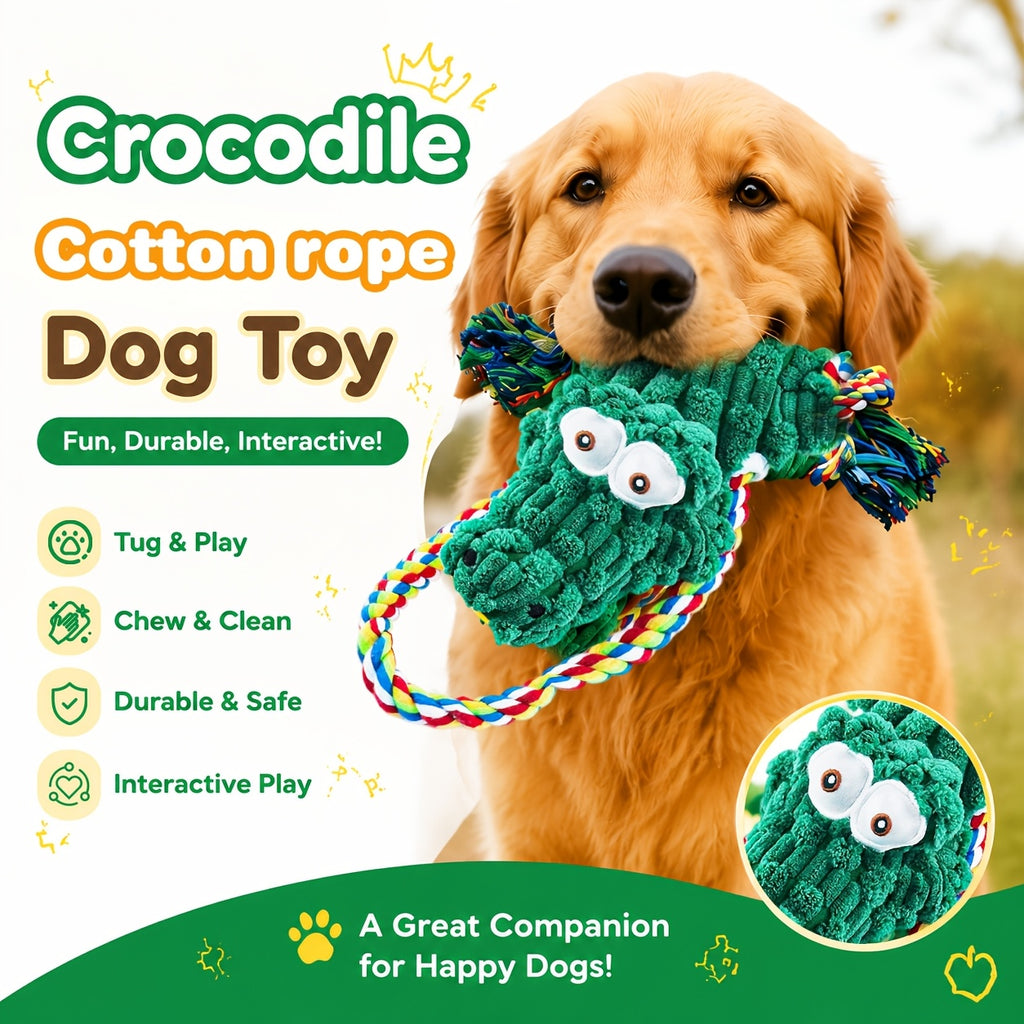 Squeaky Crocodile Rope Dog Toy in Green, Cotton Rope and Canvas Tug Toy with Two Knotted Ropes for Supervised Interactive Indoor and Outdoor Play