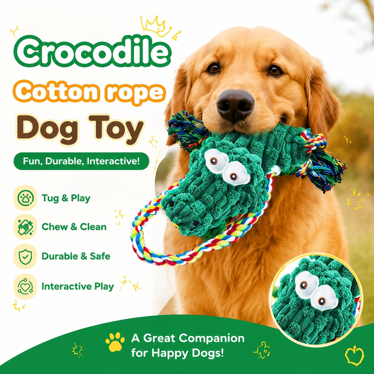 Squeaky Crocodile Rope Dog Toy in Green, Cotton Rope and Canvas Tug Toy with Two Knotted Ropes for Supervised Interactive Indoor and Outdoor Play