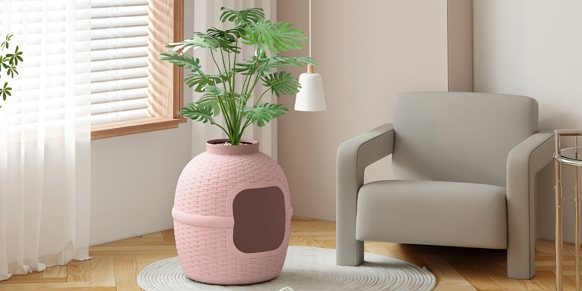 Hidden Litter Box with Plant and Rattan Pattern, Waterproof PP Cat Litter Furniture for Indoor Homes, Easy Assembly and Cleaning, Brown or OW