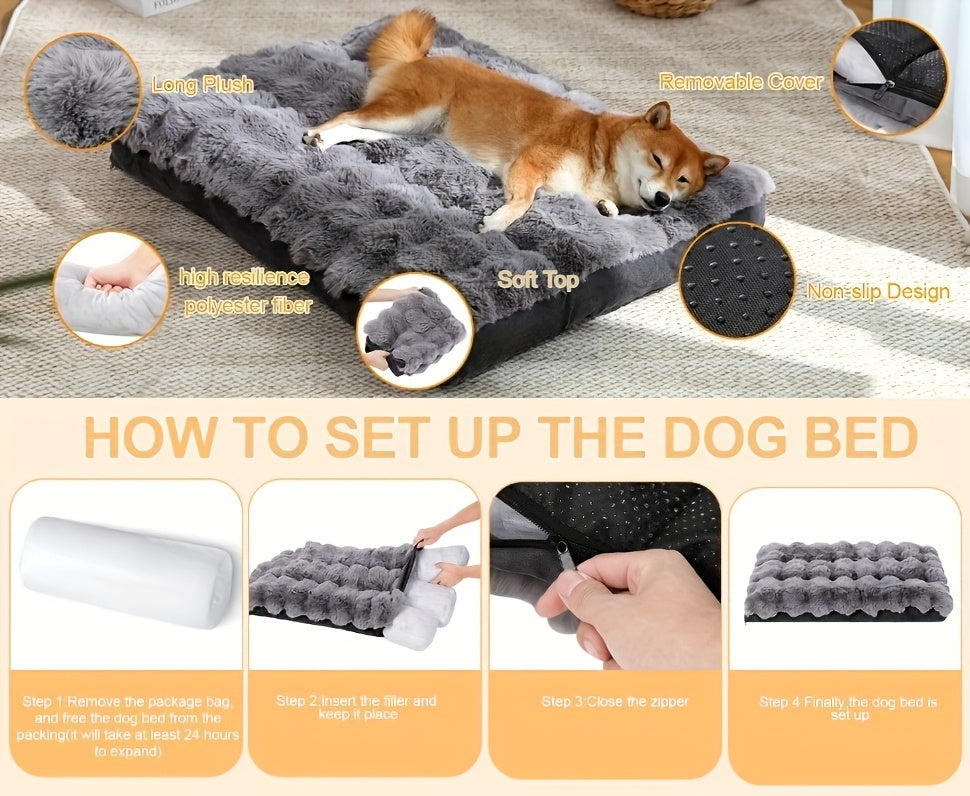 Faux Fur Dog Bed with Removable Washable Cover and Anti-Slip Bottom, Soft Fluffy Plush Sleeping Mat in Small to XXLarge Size Options