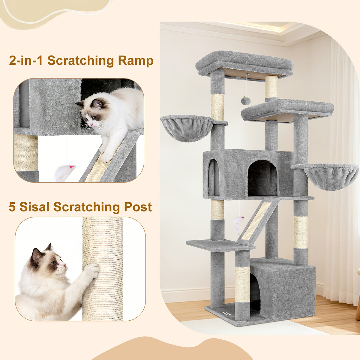 Large Cat Tree with Hammock, 69 Inch Indoor Cat Tower with Spacious Platform, 5 Scratching Posts and Sisal Scratching Board for Adult Cats
