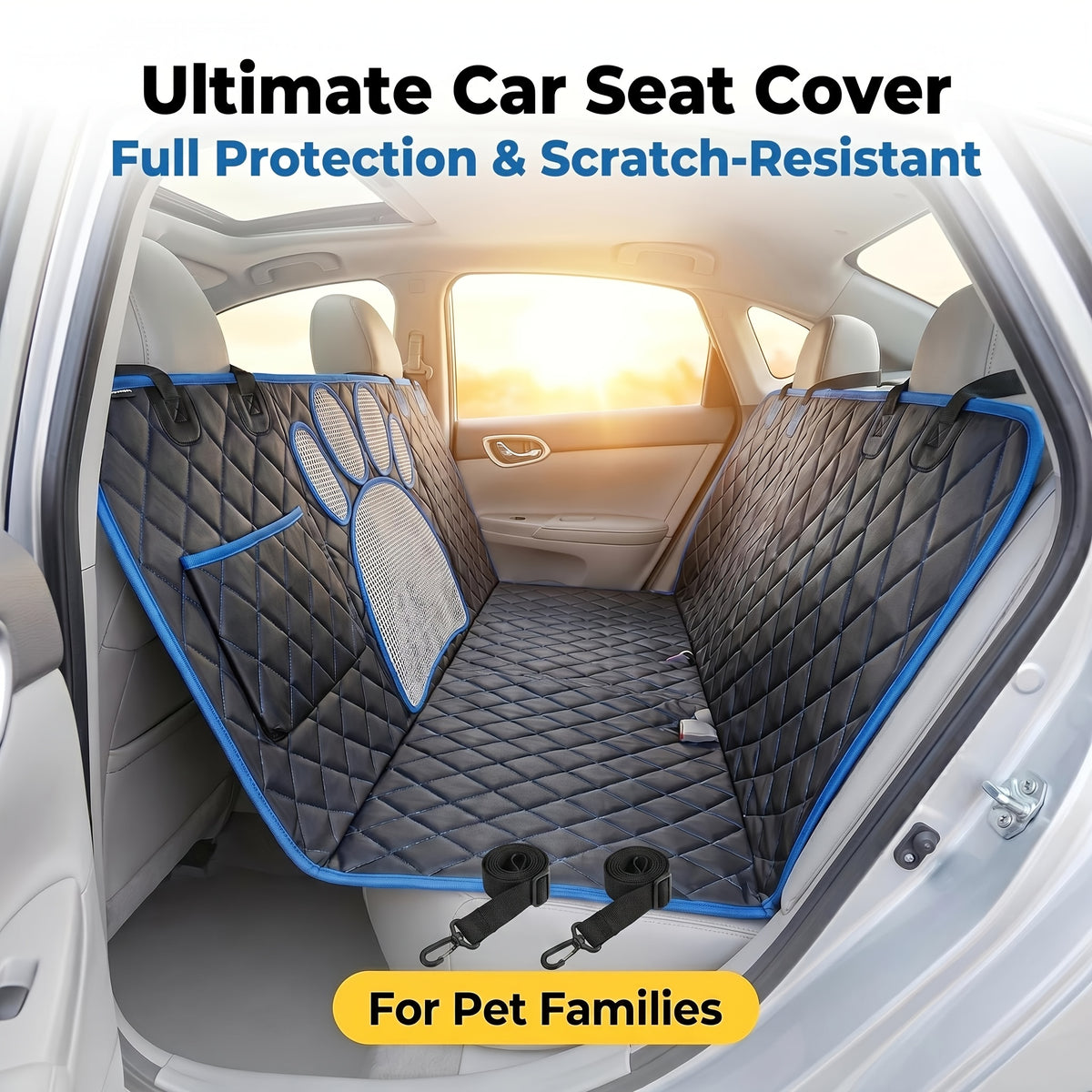 Mesh Dog Car Hammock Seat Cover, Anti-Slip 600D Heavy-Duty Rear Seat Protector for Pet Travel in Sedans, Trucks and SUVs, Blue or Black Trim