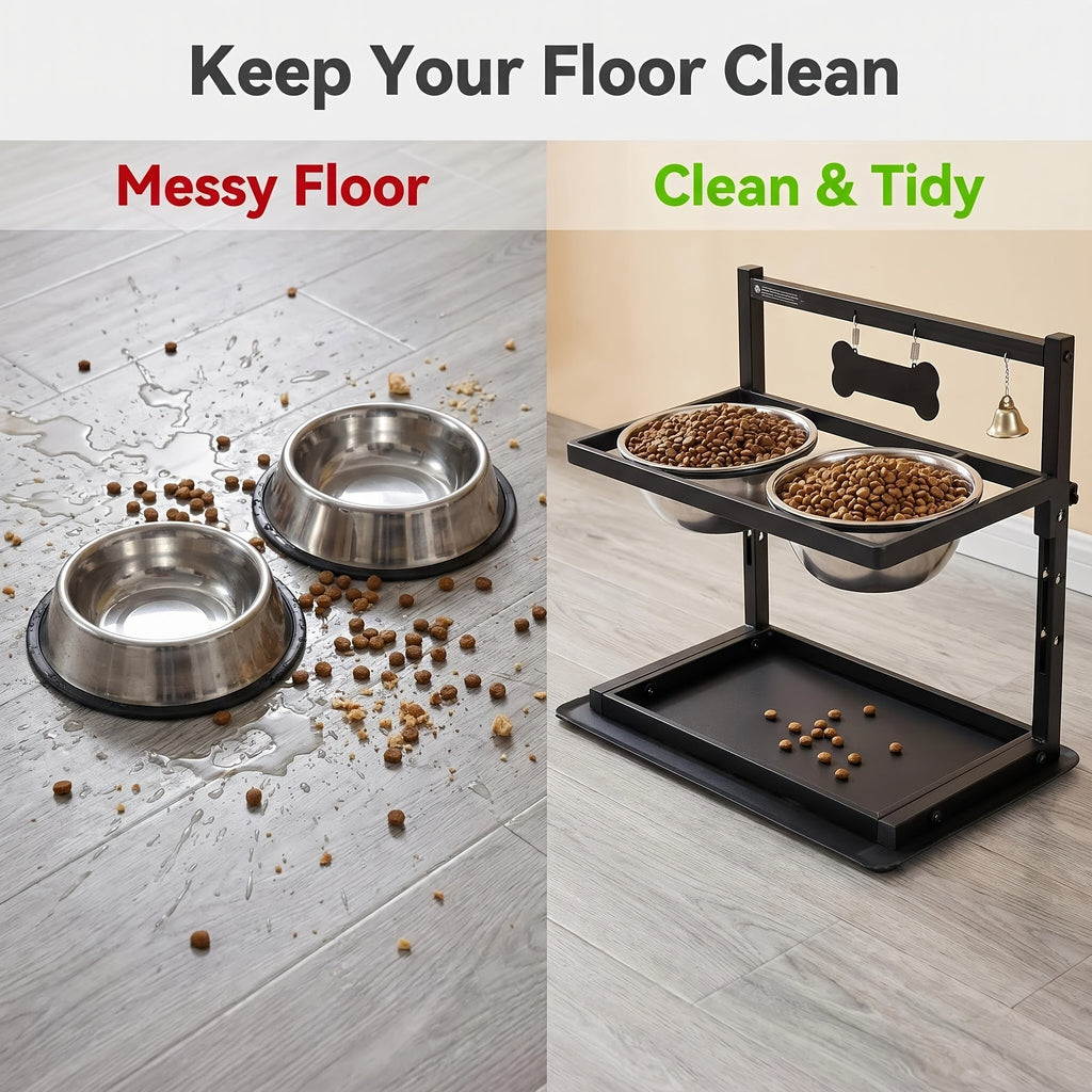 Stainless Steel Double Pet Bowls with Adjustable Elevated Stand, Non-Slip Food and Water Feeding Station for Dogs and Cats at Home
