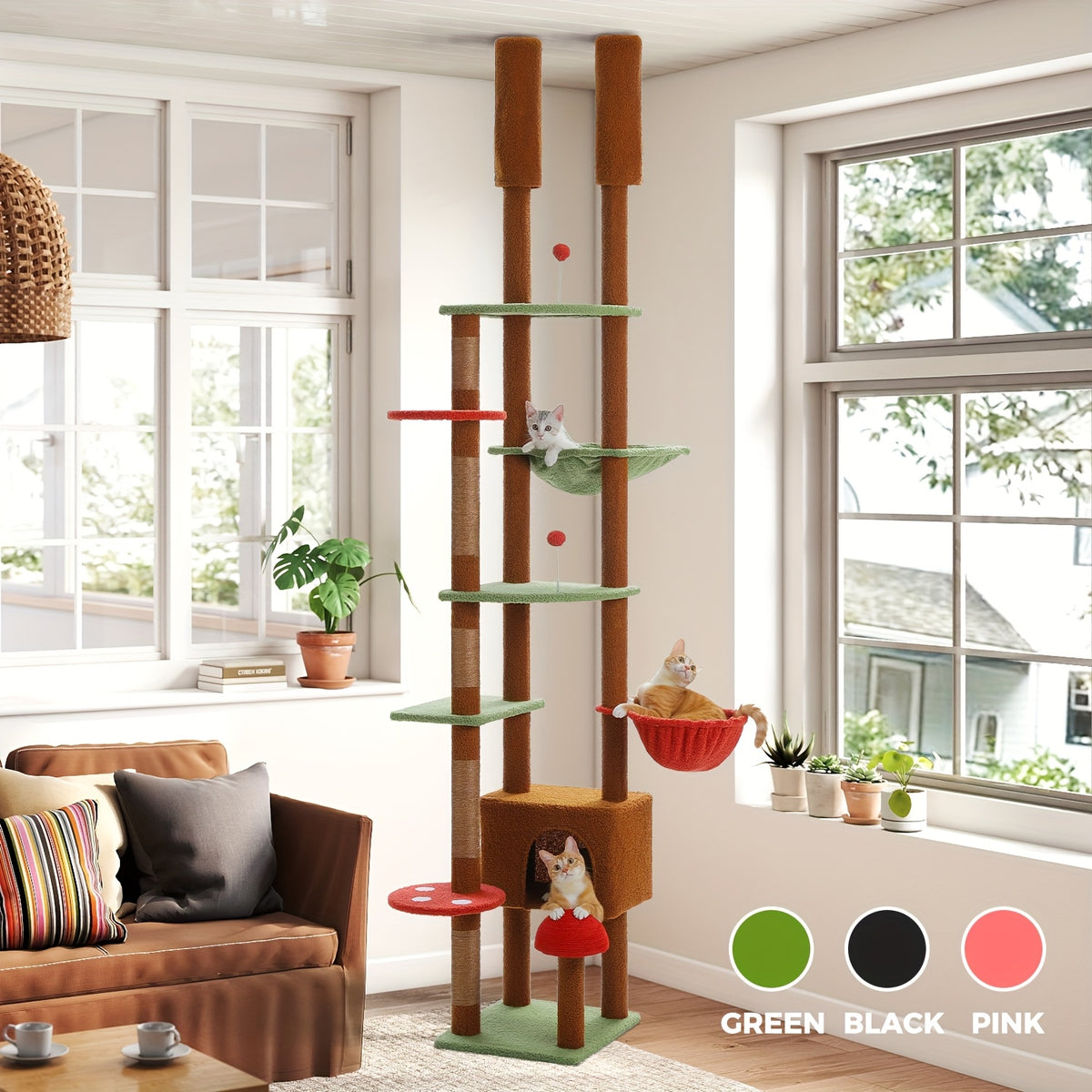 Adjustable Floor to Ceiling Cat Tree 90.5–100.4 Inches, Dual Top Support Indoor Tower with Condo, Hammocks, Climbing Platforms and Scratching Posts