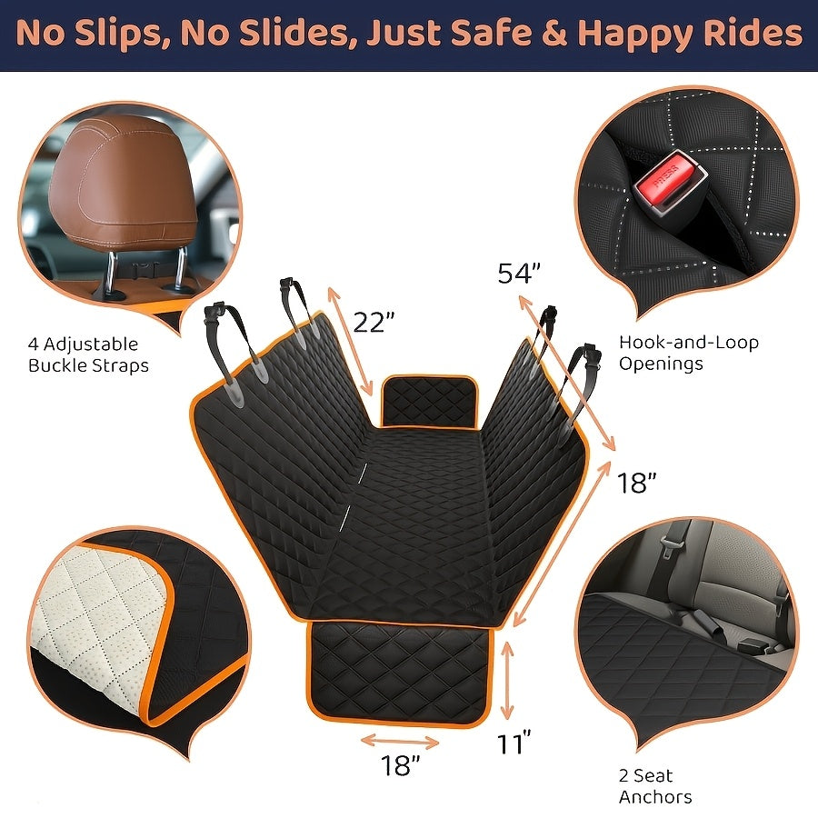 600D Dog Car Seat Cover, Foldable Padded Back Seat Hammock and Cargo Liner with Headrest Anchors for Cars, SUVs and Trucks, Black or Orange Trim