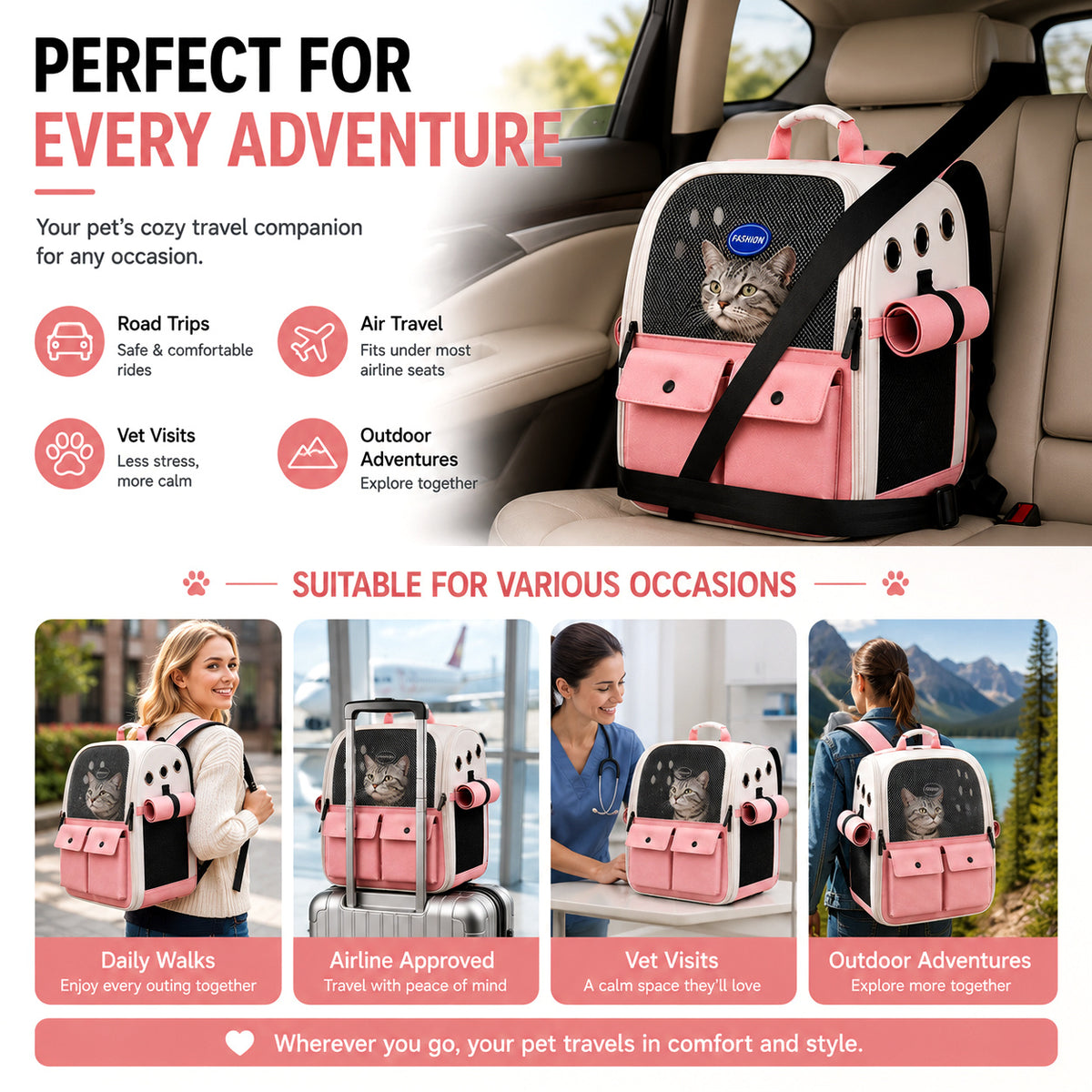 Front Opening Pet Carrier Backpack for Cats, Small Dogs and Puppies, Breathable Foldable Travel Bag with Safety Hook and Storage Pockets