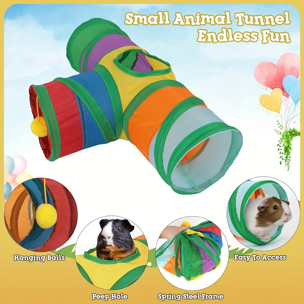 Guinea Pig Tunnel with Hanging Ball, 3-Way Collapsible Rainbow Small Pet Play Tube with Peek Hole for Hamsters, Gerbils and Supervised Indoor Exploration