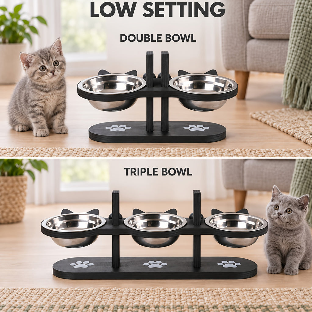 Double Cat Bowl Stand with Two Stainless Steel Dishes, 15 Degree Tilted Adjustable Black Wooden Feeder for Cat and Small Dog Food and Water