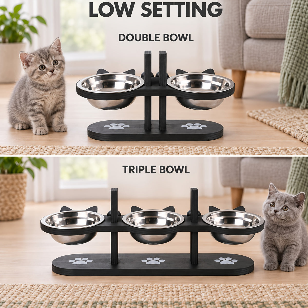Double Cat Bowl Stand with Two Stainless Steel Dishes, 15 Degree Tilted Adjustable Black Wooden Feeder for Cat and Small Dog Food and Water