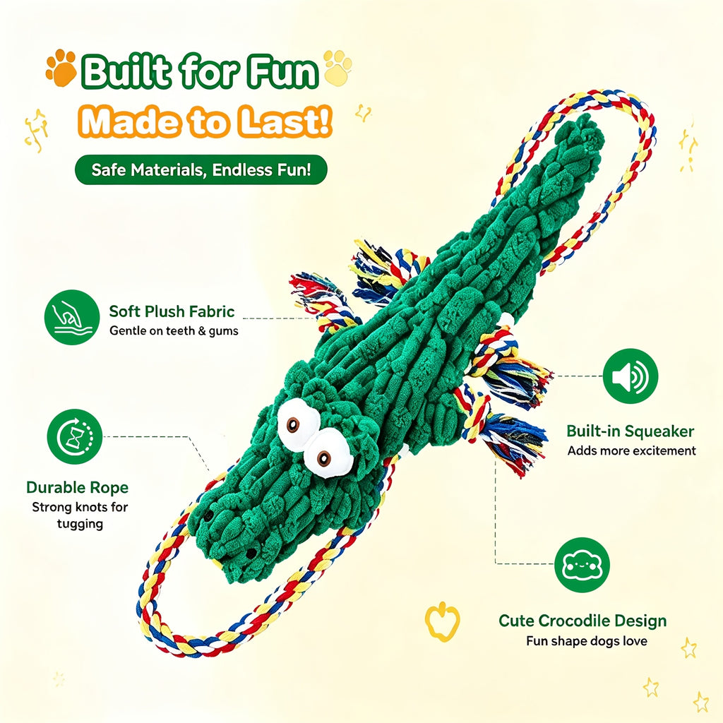 Squeaky Crocodile Rope Dog Toy in Green, Cotton Rope and Canvas Tug Toy with Two Knotted Ropes for Supervised Interactive Indoor and Outdoor Play