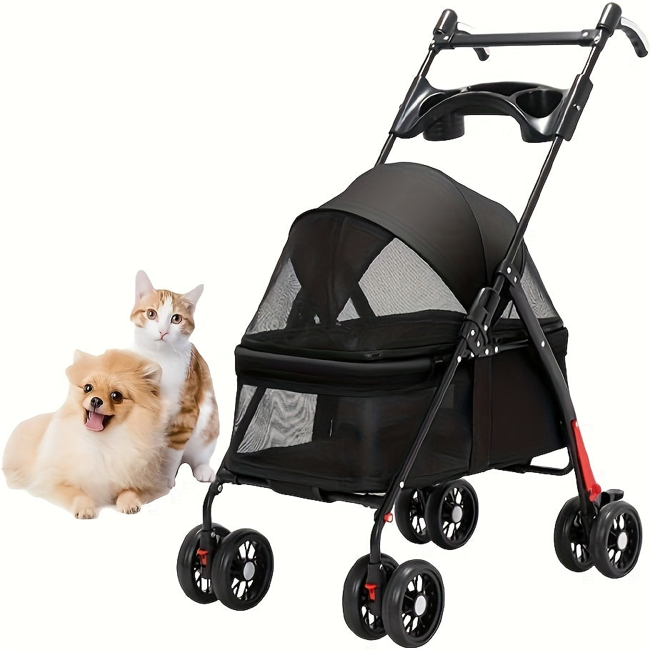 Dog and Cat Stroller in Black, Four-Wheel Pet Pushchair with Foldable Cage, Storage Basket and Cup Holder for Small to Medium Pets