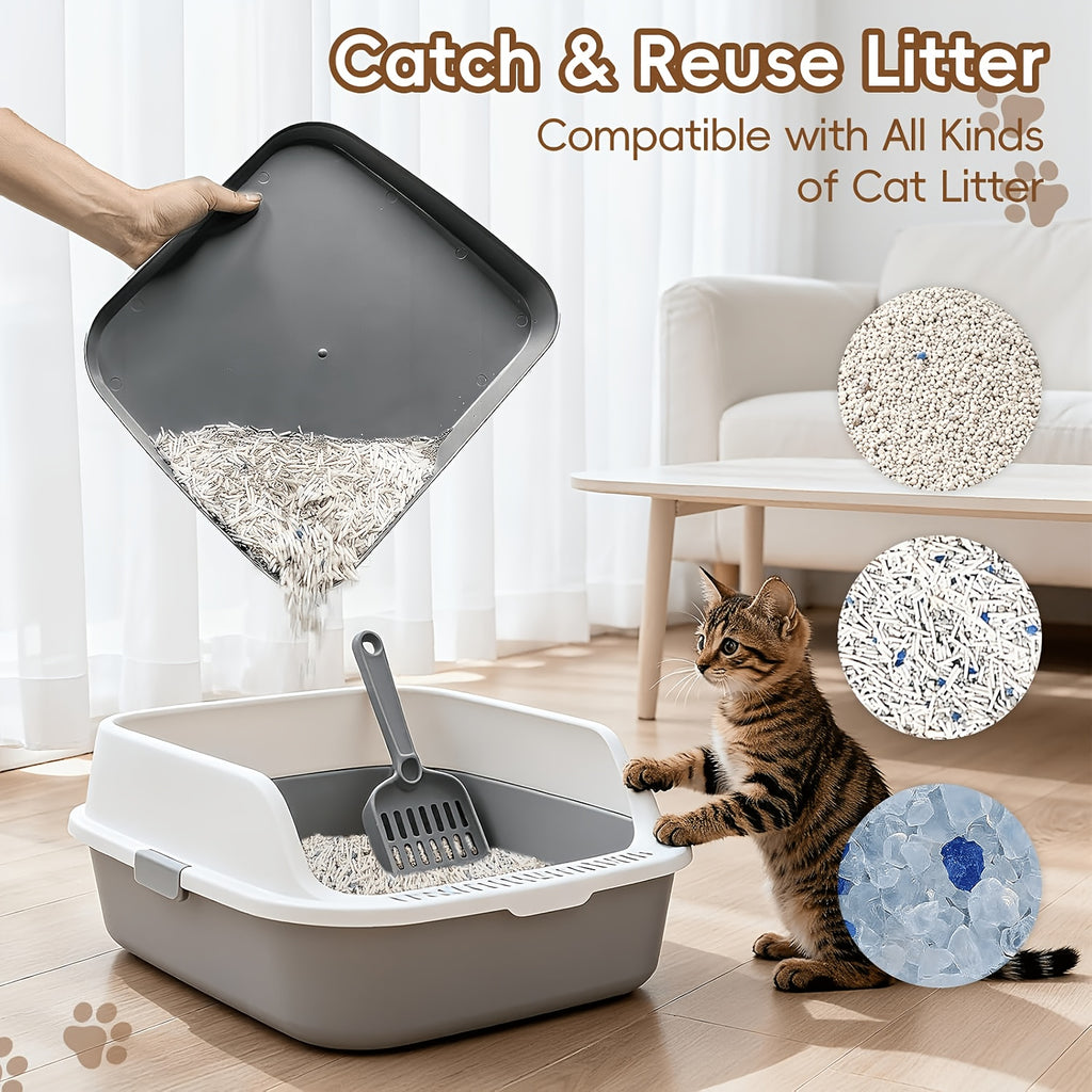 Cat Litter Box Ramp with Removable Trapping Grid, Dark Gray ABS Litter Collection Step, Washable Non-Slip Tray for Indoor Cat Cleanup