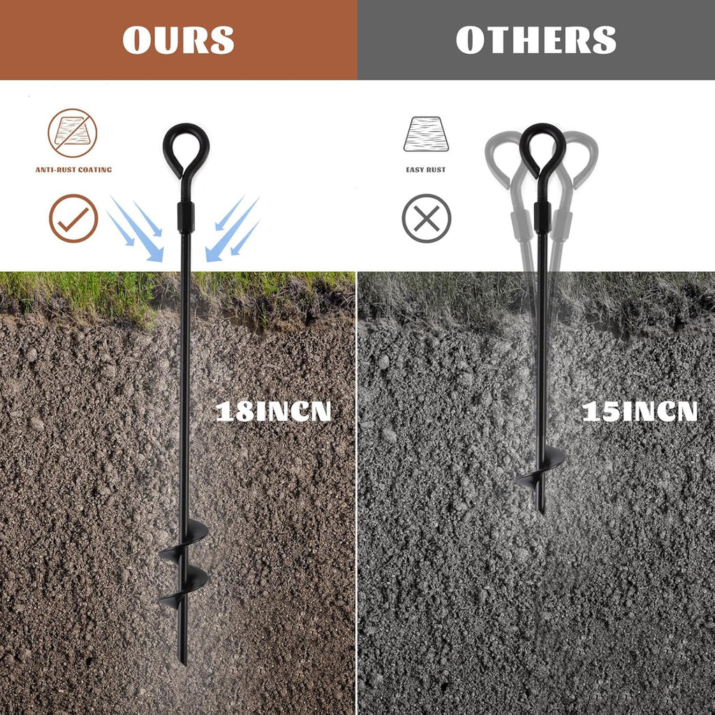 Screw In Ground Anchors 18 Inch with Folding Rings, Spiral Metal Stakes in 4, 6 or 8 Packs for Supervised Dog Tie Outs and Camping Setups
