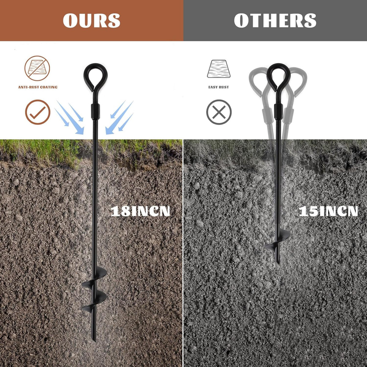 Screw In Ground Anchors 18 Inch with Folding Rings, Spiral Metal Stakes in 4, 6 or 8 Packs for Supervised Dog Tie Outs and Camping Setups