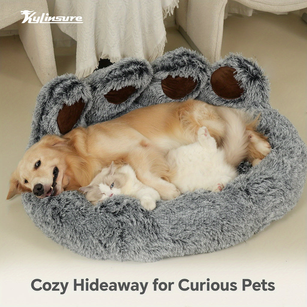 Gray Bear Paw Pet Bed with Scarf, Soft Plush Donut Sleeping Nest for Dogs and Cats with Raised Edges and Non-Slip Bottom, Five Sizes from 50 to 110 cm