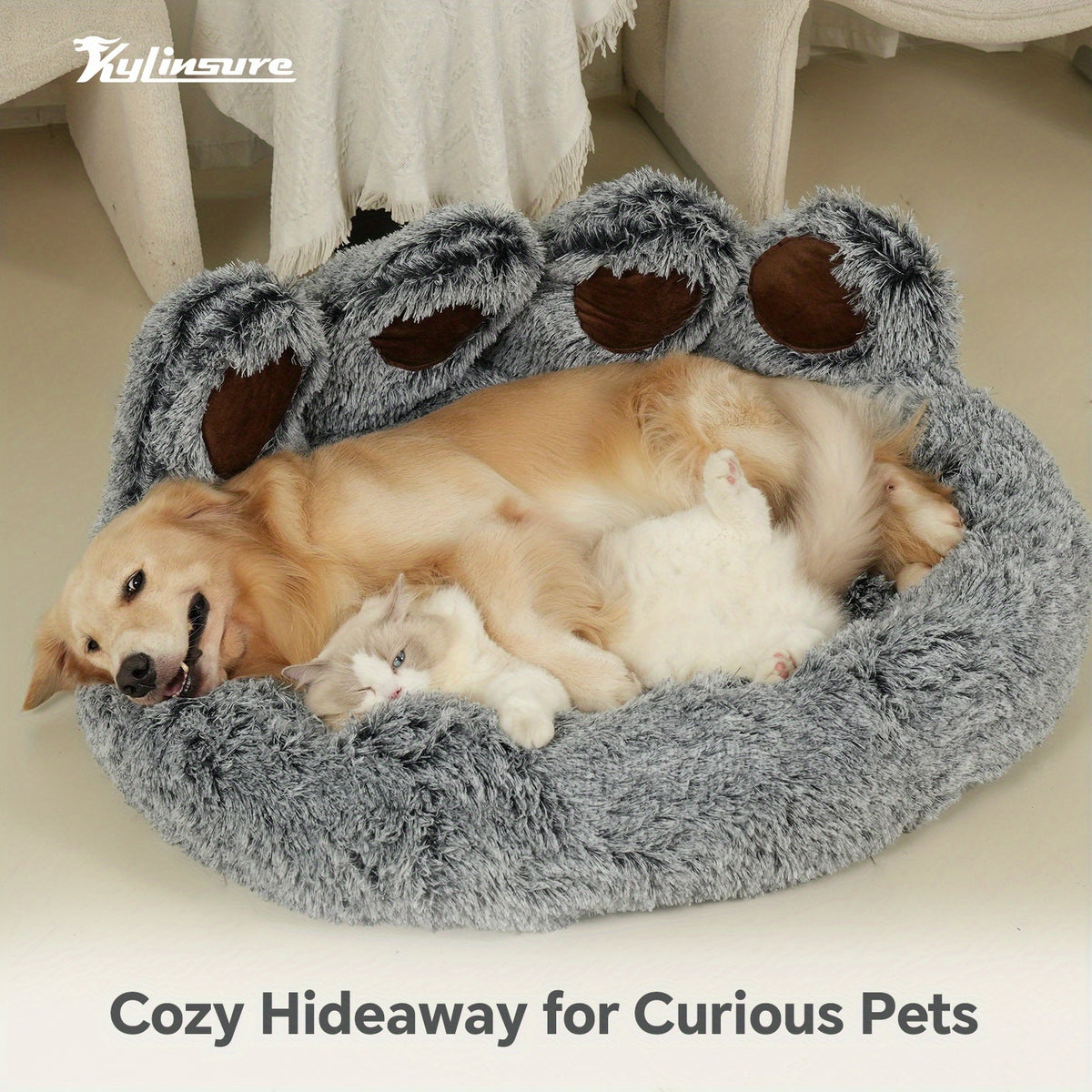 Gray Bear Paw Pet Bed with Scarf, Soft Plush Donut Sleeping Nest for Dogs and Cats with Raised Edges and Non-Slip Bottom, Five Sizes from 50 to 110 cm