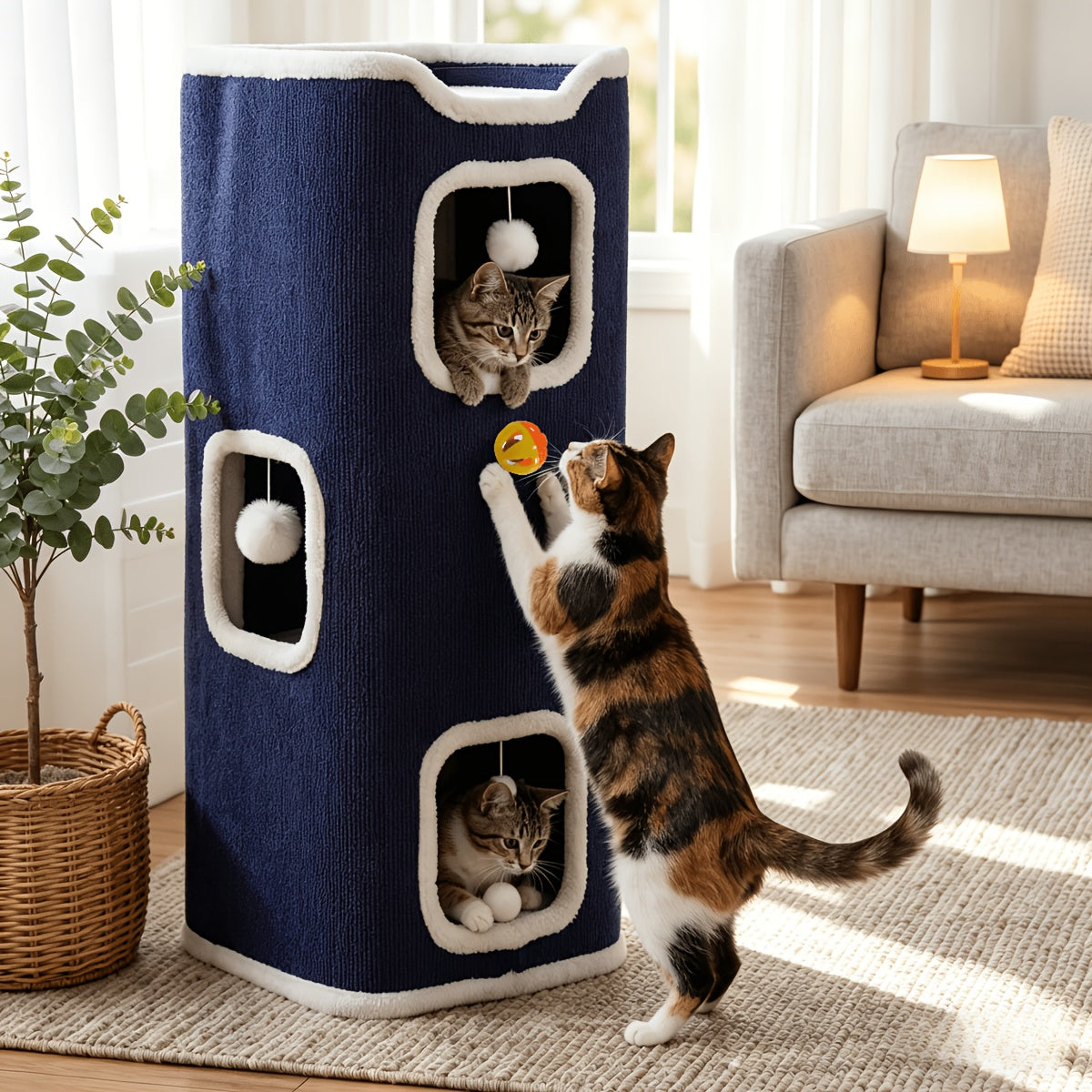 Cat Condo Bed with Hideaway Nests, Soft Lounging Platform and Hanging Ball Toys, Indoor Cat Furniture in Blue, Camel, Coffee or Beige