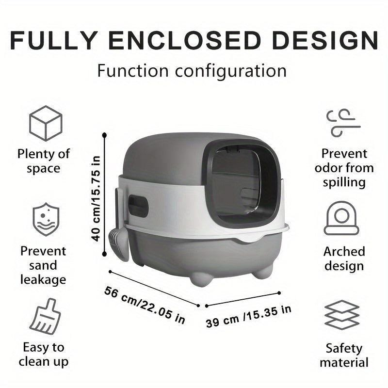 Cat Litter Box with Drawer and Scoop, Fully Enclosed Front-Entry Kitty Toilet for Small to Medium Cats, Easy-Clean Hood in Blue, Gray or Purple