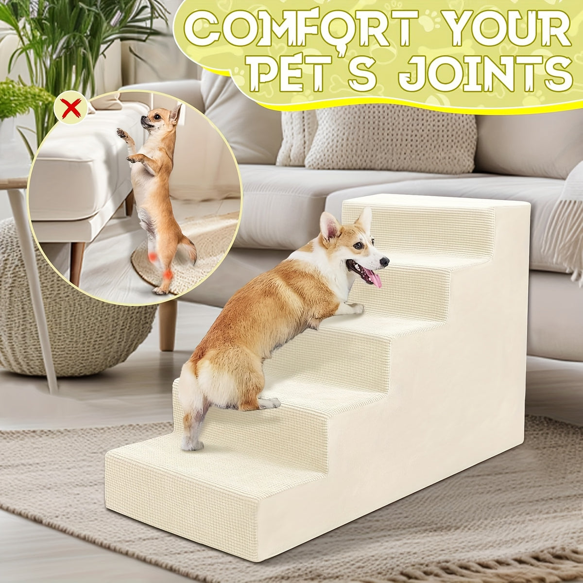 Foam Dog Stairs for Small Dogs, 5-Step Pet Steps with Supportive Board and Non-Slip Removable Washable Cover in Grey or Navy for Home Use