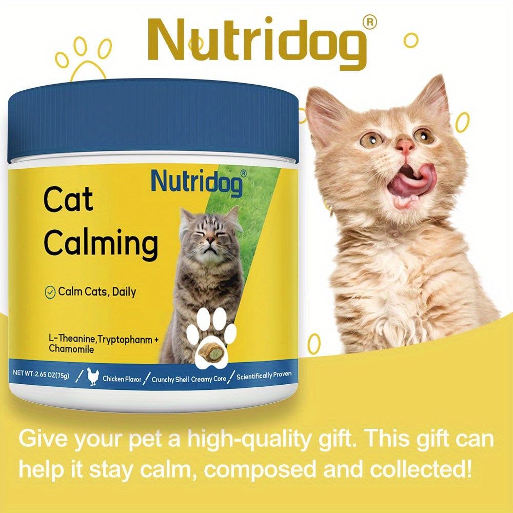 Cat Calming Treats, 150 Count Chicken Flavor Dual-Texture Chews with L-Theanine, Tryptophan and Chamomile, 75g Feline Supplement