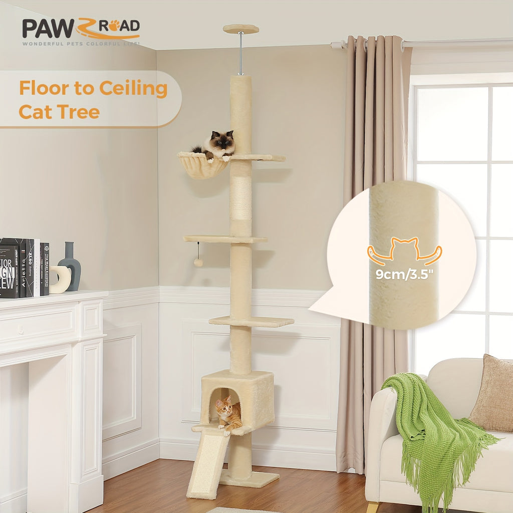 5-Tier Floor to Ceiling Cat Tree, 83–108 Inch Adjustable Indoor Cat Tower with Condo, Hammock, Scratching Post and Ladder in Seven Color Options