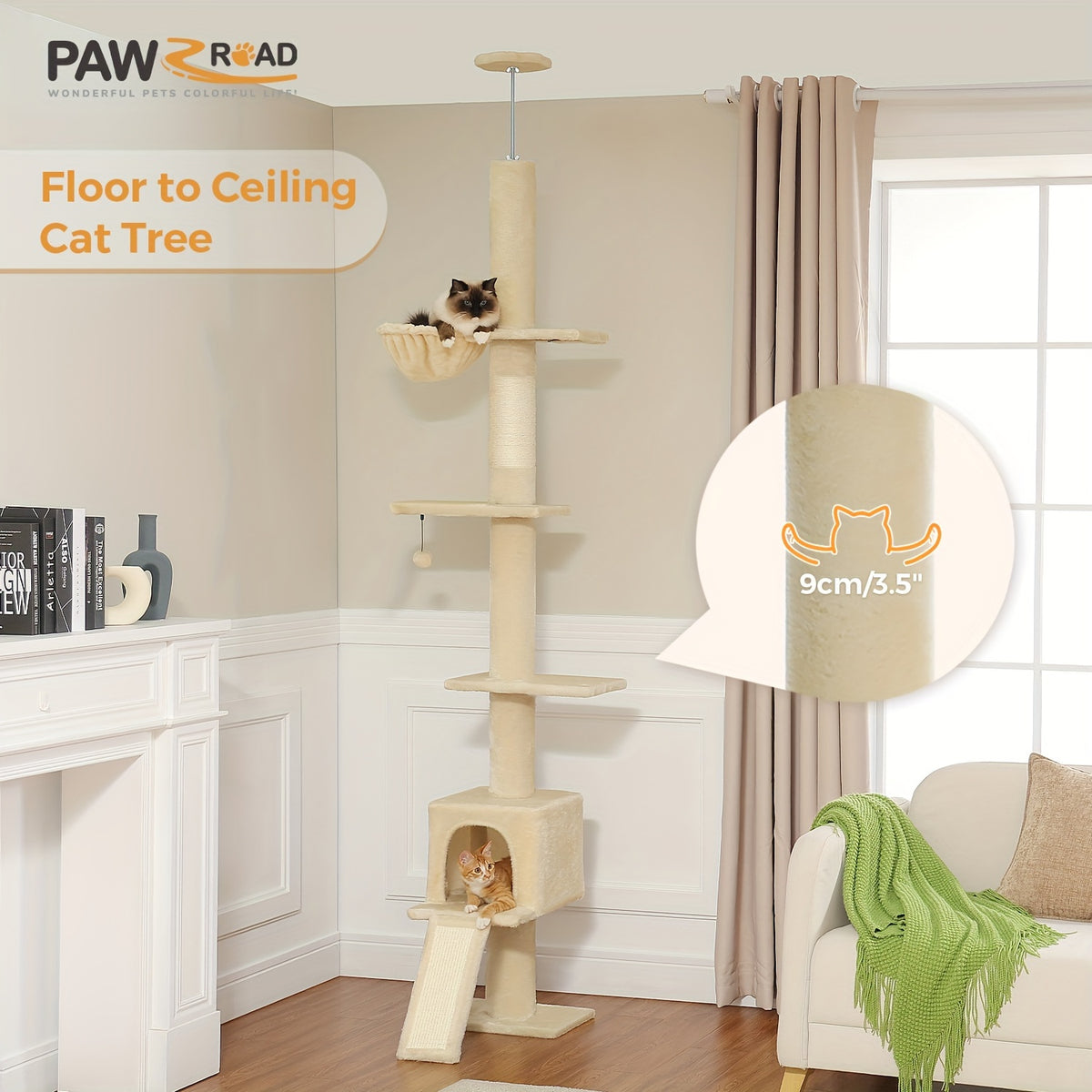 5-Tier Floor to Ceiling Cat Tree, 83–108 Inch Adjustable Indoor Cat Tower with Condo, Hammock, Scratching Post and Ladder in Seven Color Options