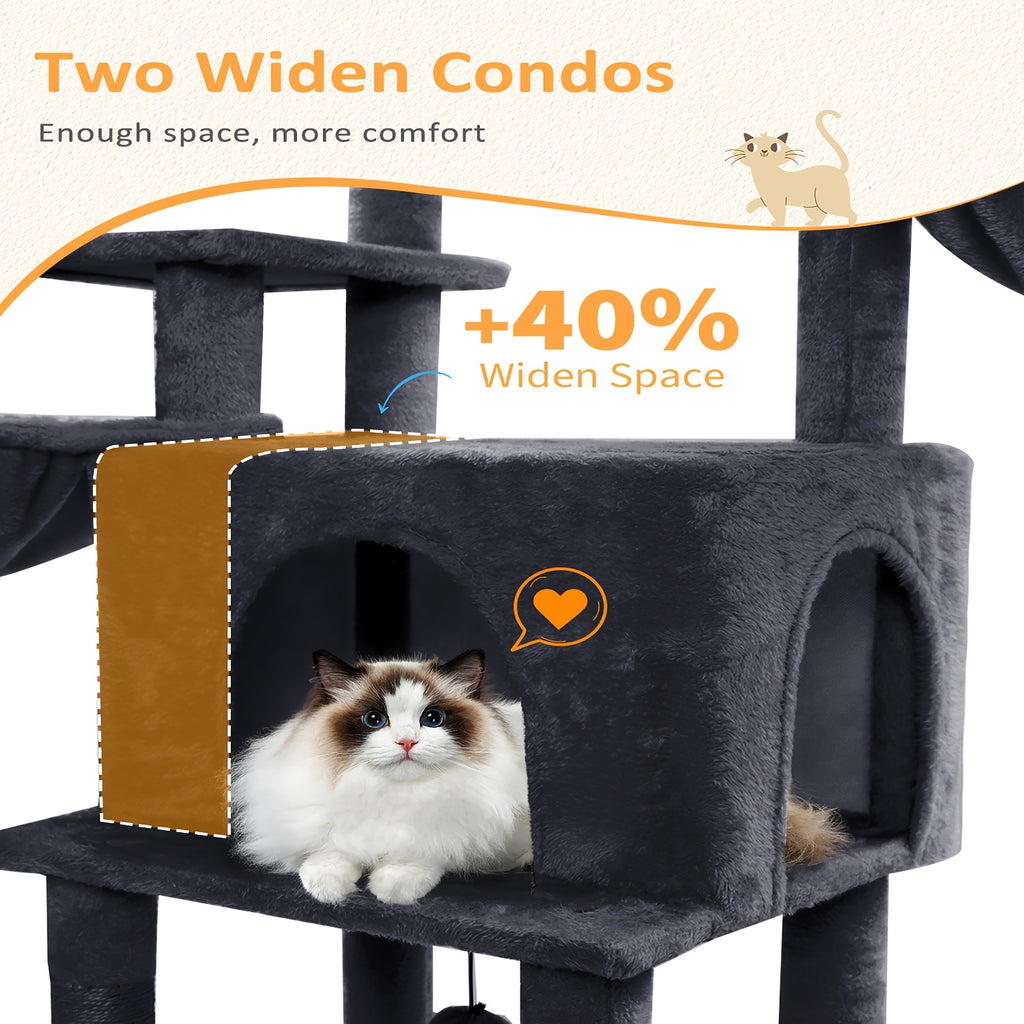 Cat Tree 68 Inch with Square Hammock and Two Condos, Multi-Level Indoor Cat Tower with Wide Perches and Sisal Scratching Posts in Grey or Light Grey