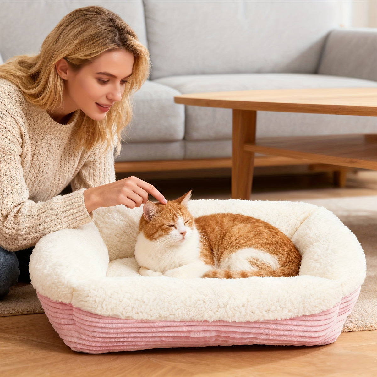 Machine Washable Pet Bed for Cats and Dogs, Thick Plush Winter Sleeping Cushion with Non-Slip Base, Pink or Gray in Round and Rectangle Options