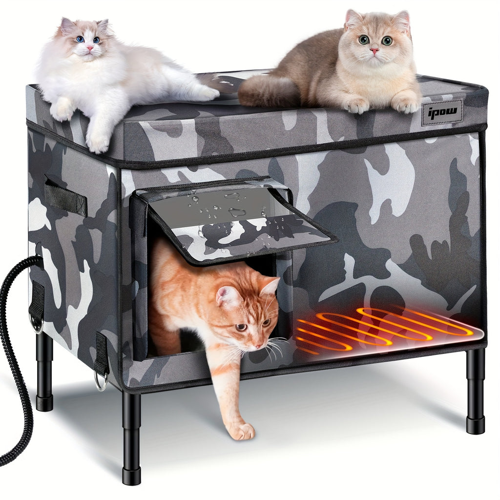 Outdoor Cat House with 900D Oxford Cloth, Gray Six-Layer Insulated Cat Shelter with Heated Plush Mat for Outdoor, Stray and Barn Cats