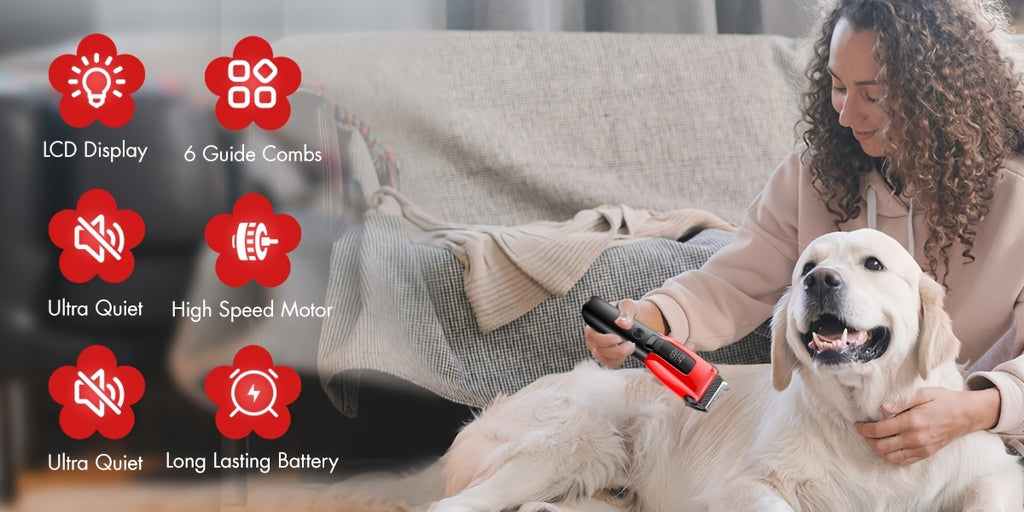 3-Speed Dog Clippers with LED Display and Auxiliary Light, Cordless Rechargeable Pet Grooming Kit with Six Guide Combs for Dogs and Cats