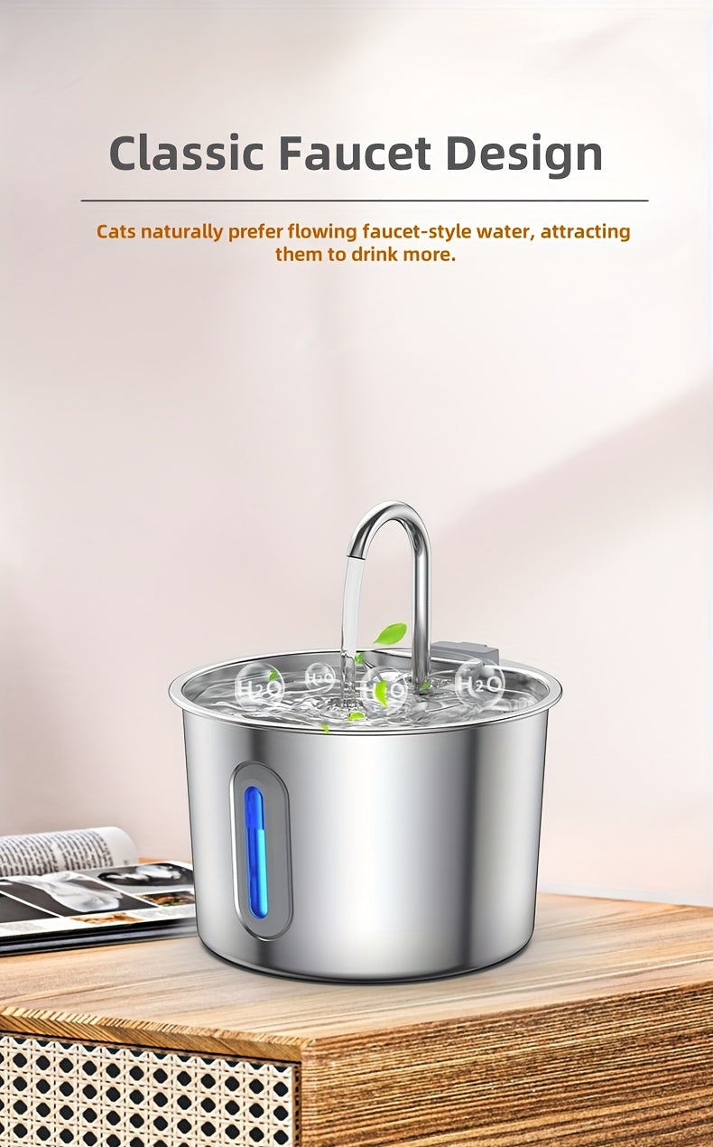Cat Water Fountain 74 oz 2.2L with Stainless Steel Design, Quiet Automatic Pet Drinking Dispenser and Separate Filter Cartridge or Bundle Options