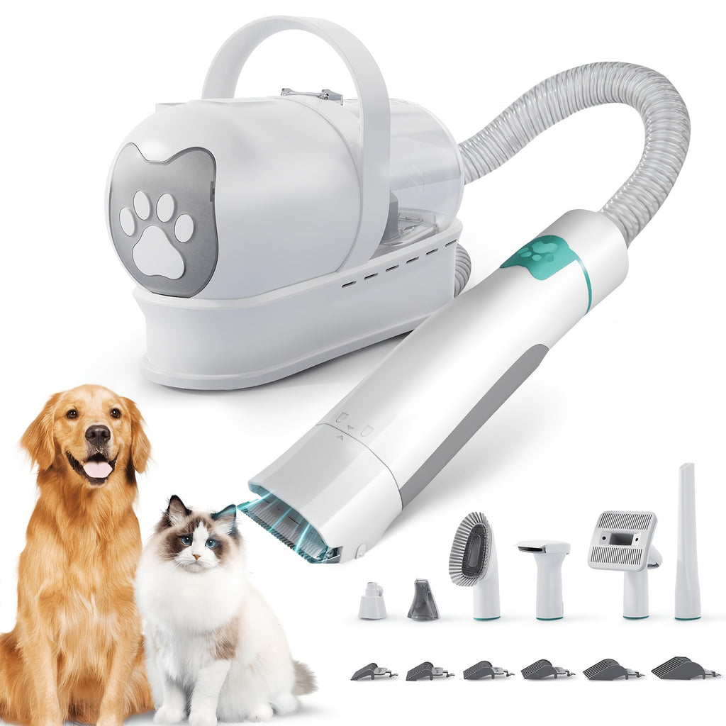 Pet Grooming Vacuum with Nail Grinder and Clipper, White Dog Grooming Kit with 6 Tools for Dog and Cat Shedding and At-Home Coat Care