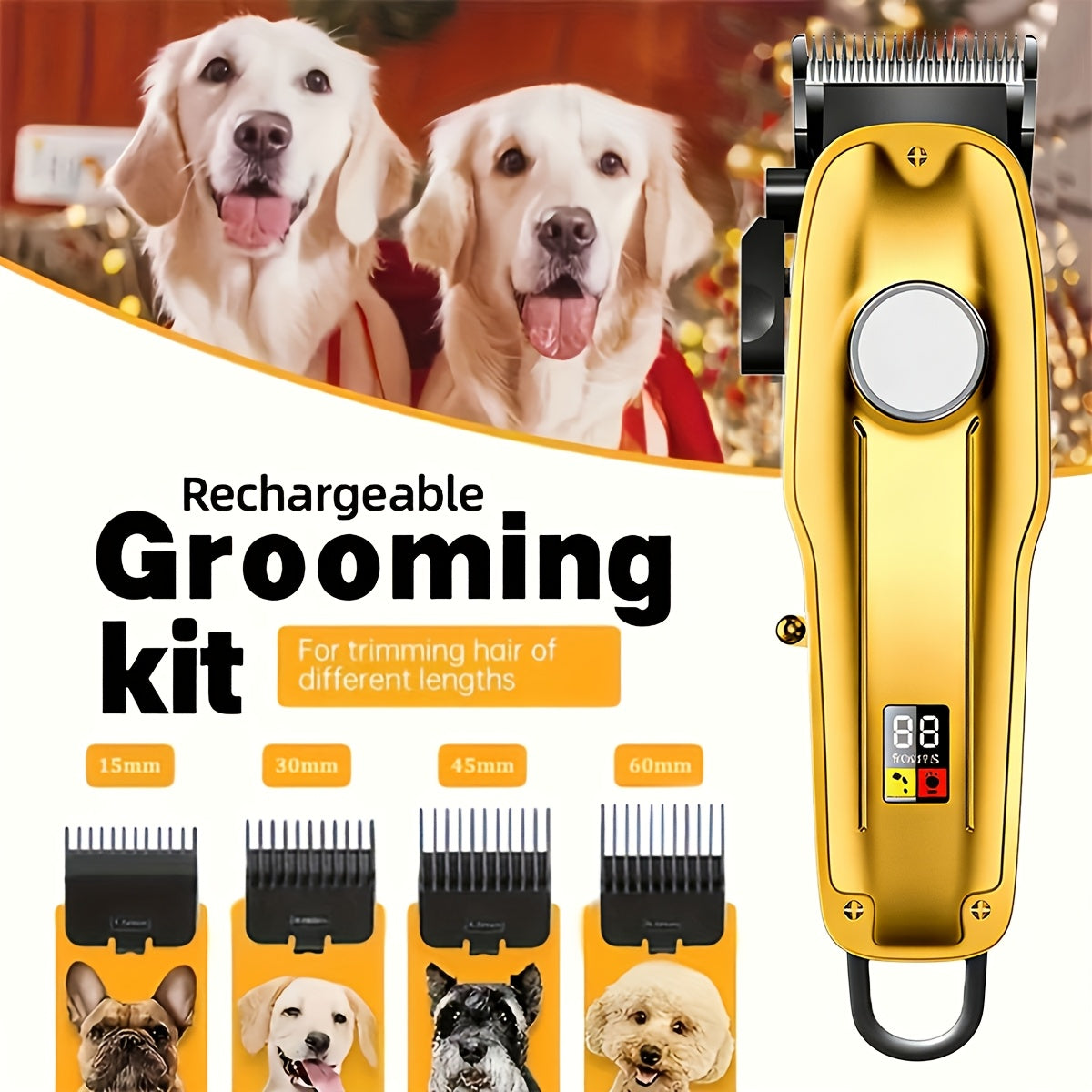Dog Clippers for Grooming Professional Kit, Low-Noise Rechargeable Pet Hair Trimmer with 4 Guide Combs, Taper Lever, USB Charging and LED Display for Dogs and Cats