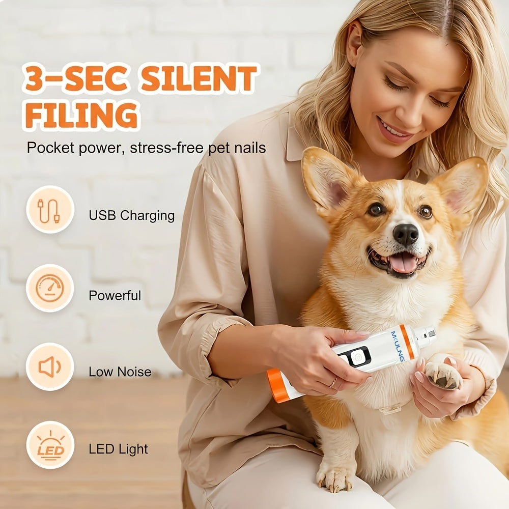 3-Speed Rechargeable Dog Nail Grinder with LED Light, Quiet Electric Pet Nail File for At-Home Paw Grooming with Model-Specific Grinding Head Options